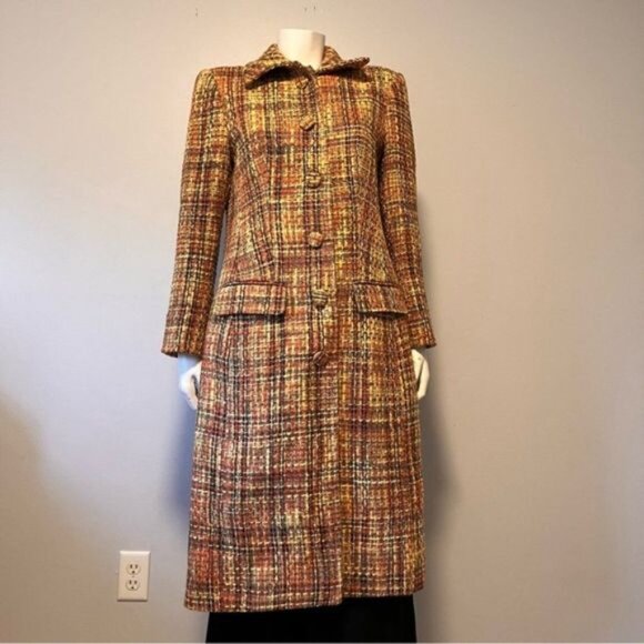 Vintage Tweed Long Coat Red, Black and Yellow Size S-M - Picture 10 of 10
